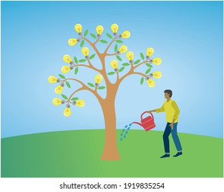 Man watering a tree growing lightbulbs. Vector illustration.