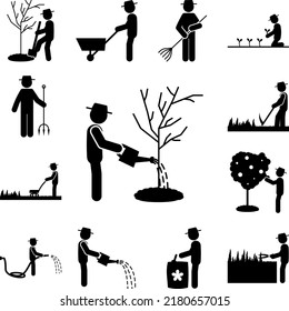 man watering of tree icon in a collection with other items