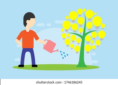 Man watering. Tree of ideas. Tree have leaf is bulb. Bulb icons. Watering can. Technology concept. Eco concept.
