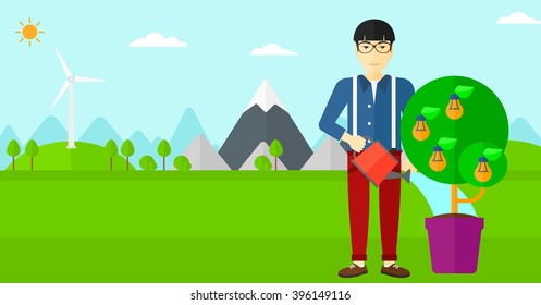 Man watering tree with light bulbs.