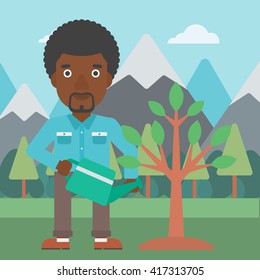 Man watering tree with light bulbs.