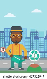 Man watering tree with recycle sign instead of crown.