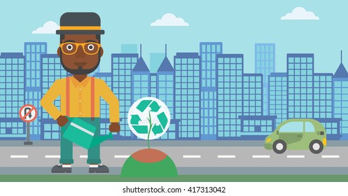 Man watering tree with recycle sign instead of crown.