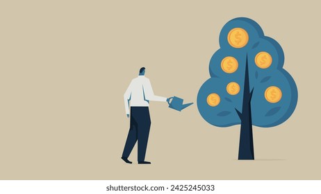 A man is watering a tree that bears dollar coins to make them grow.