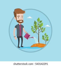 Hombre regando árboles de tres tamaños. Jóvenes empresarios regando plantas con lata de riego. Concepto de crecimiento empresarial e inversión. Ilustración de diseño plano vectorial en el círculo aislado en el fondo.