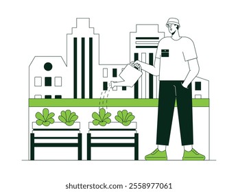 Man watering vegetables he grows on rooftop of house, city buildings view, urban farming vector illustration.