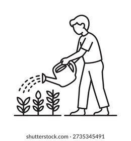 Man is watering young plants with a watering can symbolizing nurturing and care for plant growth and development.