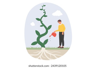 Man waters fantastic tree, enjoying rapid growth plant thanks to high-quality fertilizer that strengthens roots. Eco activist guy takes care of ecology and grows tree, restoring forest and environment