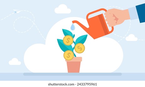 Man waters growing money plant seedling with coin flower. Planting and growing money in pot. Financial and investment growth. Planting money trees, business investment, growth. Vector illustration