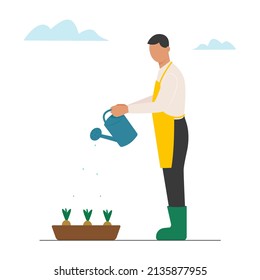 Man waters the seedlings of flowers from a watering can. Gardening and hobbies. Work in the garden or on the farm. Vector illustration