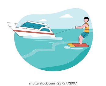 Man waterskiing in the sea, extreme sport. Character design. Vector flat illustration