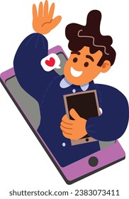 Man Wave Hand and Holding a Pad or Tab Pop Out From Phone Screen with Love Bubble Speak for Online Purpose