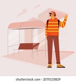 Man Wave His Hand At The Bus Stop 