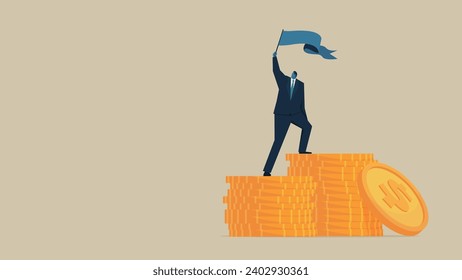 A man waves a flag over a pile of coins.