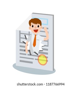 A man waves his hand in the hole in the financial document. Funny drawing of an office worker in a tie. Comic problems with paper files in business.
