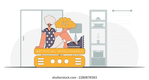 Man waving AI brain, modern style, vector art