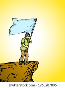 A man waving a big flag on top of a cliff. Hand drawn vector illustration.