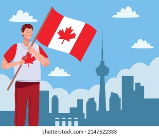 hombre ondeando la escena del personaje de la bandera de canadá
