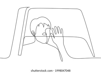 man waving from car window - one line drawing vector. the concept of goodbye to a leaving car passenger, a trip in a taxi, seeing off a friend