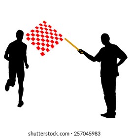 Man waving  checkered flag before the finish runner. Vector illustration.