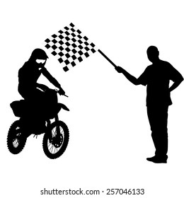 Man waving  checkered flag before the finish motorcyclist. Vector illustration.