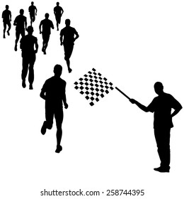 Man waving  checkered flag before the finish runner. Vector illustration.