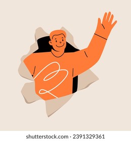 Man waving coming out from torn paper. Colorful vector illustration

