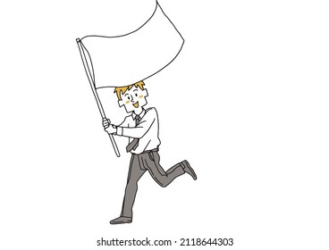 A man waving a flag and cheering, a comical handwritten person illustration, a simple coloring on a vector line drawing, a white background