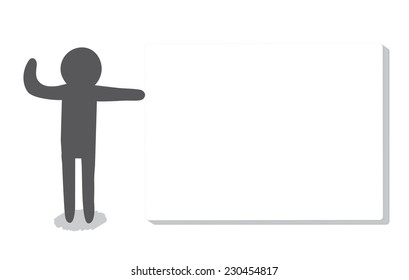 A man waving hand beside a whiteboard, vector illustration