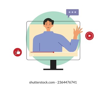 Man waving hand is making video inside computer, digital content creator concept. Character design. Vector flat illustration