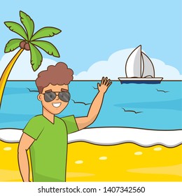man waving hand sailboat sea beach vacations vector illustration