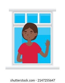 hombre saludando la mano en la caricatura de la ventana