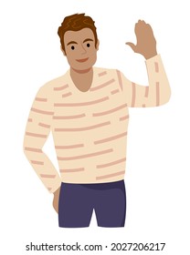 Сheerful Man waving hello. Greeting gesture. Guy waving hand saying hi. Smily man in casual clothes makes a greeting gesture. Character wave their hand. Flat design vector illustration. 
