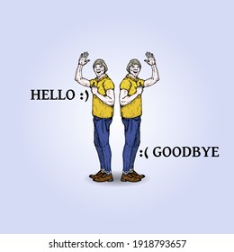 Man waving his hand to signal hello or goodbye. Hand drawn vector illustration.