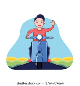 a man waving his hand while riding a motorcycle in the midst of beautiful nature. Bahagi's expression was implied from his face.