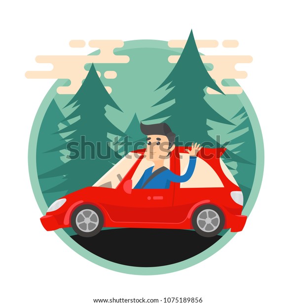 Man\
waving his hand while driving a car. Transportation red vehicle on\
countryside. Flat color style. Vector\
illustration.