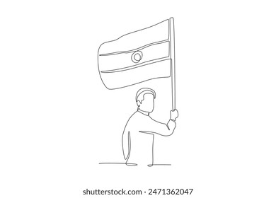 Man waving Indian flag. India independence day concept one-line drawing