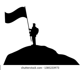 Man waving a large flag on a mountain top. Achievement success leadership goal winning concept.