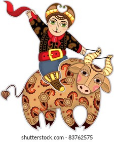 The man waving a red scarf in an elegant suit astride on a bull