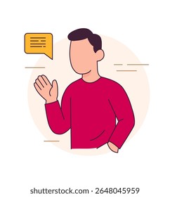 Man waving and speaking. Friendly character in flat minimal illustration.