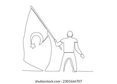 A man waving a Turkish flag. 15 Temmuz one-line drawing