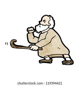man waving walking stick