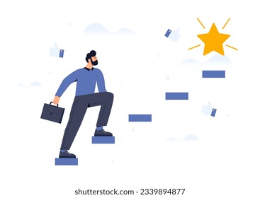 El hombre va camino al concepto de estrella. Joven escalando en los escalones. Motivación. Liderazgo y éxito. Emprendedor y empresario. Visión para el futuro y el progreso. Dibujo vectorial plano de dibujos animados