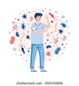 Man with weak immune system not protected from attacks viruses, germs and bacteria. Bad habits and unhealthy lifestyle as cause of poor immunity. Flat vector isolated illustration.
