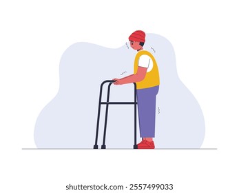 A man with a weak physical condition is leaning on a walker or walking aid, his body is shaking because he is worried about falling, vector illustration of a health problem.