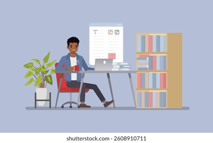 Man wear blue jacket jeans, editing a document on a computer using professional text editing software. Character vector illustration design.