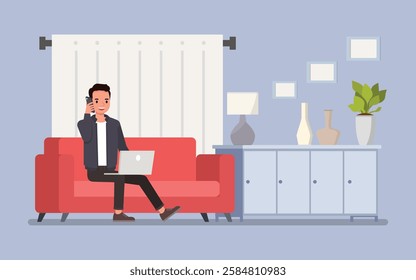 Man wear blue jacket, working from home in a cozy office setting character vector illustration design.