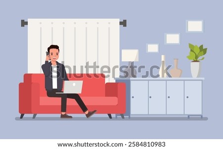 Man wear blue jacket, working from home in a cozy office setting character vector illustration design.
