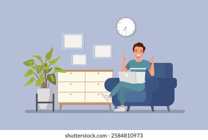 Man wear blue shirt, working from home in a cozy office setting character vector illustration design.