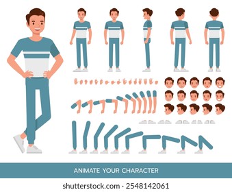 Man wear blue and white t-shirt character vector illustration design. Create your own pose.